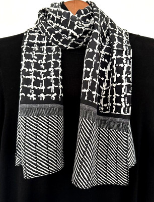 55''X13''Black White Art Print Pure Mulberry Crepe Silk Long Scarf 140cmX35cm4-6