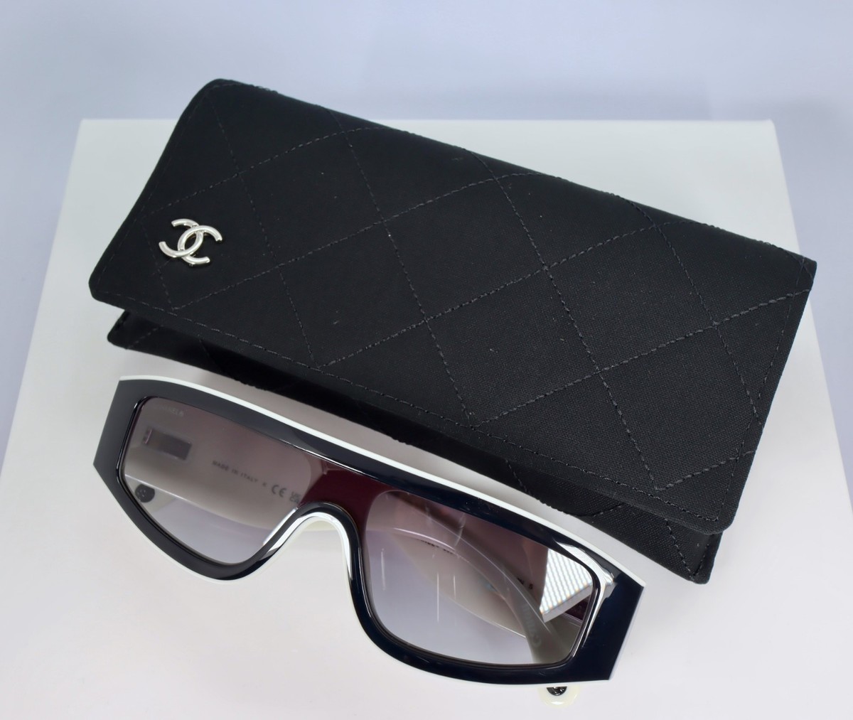 Chanel CH6057 Shield Sunglasses in Black and White with Gray