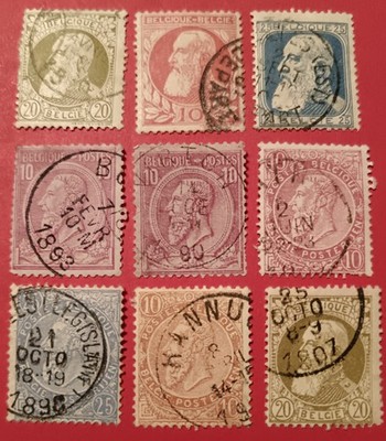 Vintage Belgien Briefmarken. Konvolut 9. Ende 1800er Jahre. gebraucht. 