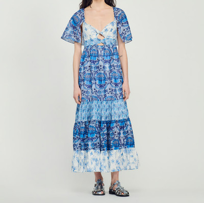 Sandro Paris Women's Blue Floral Midi Linen Blend Dress Size 36 S 8 SFPRO02896