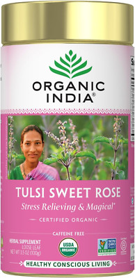 Organic India Tulsi Sweet Rose Herbal Tea - Holy Basil, Stress Relieving & Magic