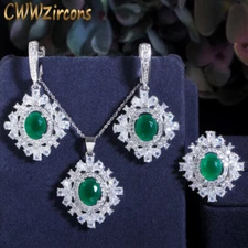 CZ Crystal Oval Dangle Drop Earrings Necklace Ring White Gold Plated Jewelry Set