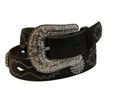 Cintura donna in pelle marrone con motivo maschera conchiglie e taglio laser - usata