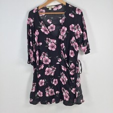 Beme womens tunic blouse top size 14 black floral wrap short sleeve viscos041974