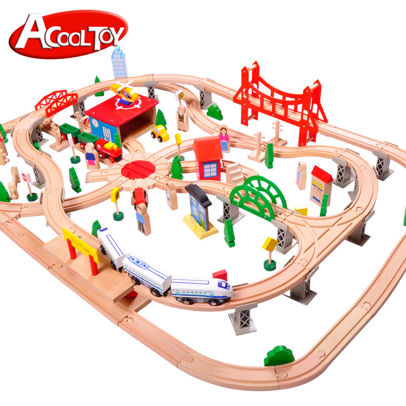 AC7502 Wooden Train Set, Deluxe City Train Tracks Wooden Railway