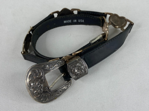 Vintage Women Black Leather Western Belt Silvertone Heart Floral Buckle Accent - Picture 1 of 10