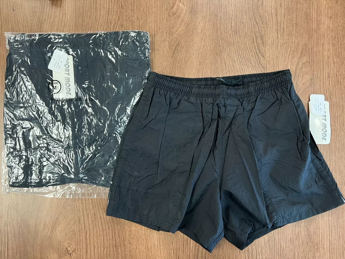 VINTAGE 80S NYLON SWIM SHORTS M DEADSTOCK TRUNKS BLACK WINTERLAND BLANK NOS