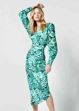 Smythe Vibrant Floral Print Asymmetric Drape V-Neck Long Sleeve Midi Dress 8 29