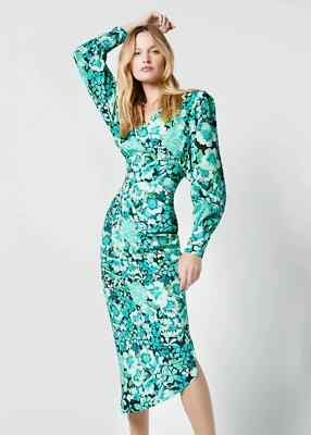 Smythe Vibrant Floral Print Asymmetric Drape V-Neck Long Sleeve Midi Dress  8 29 | eBay