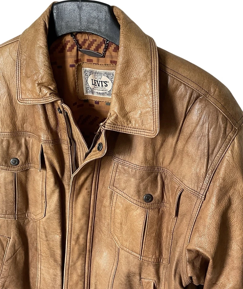 Chaqueta Bomber Levi’s Western Wear De Colección Cuero Suave Talla (L) Totalmente Forrada Marrón Para Hombre Foto 3 de 4