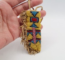 Vintage Sioux Beaded Leather Knife Case Polychrome Fringe Greasy Yellow 4.25 L