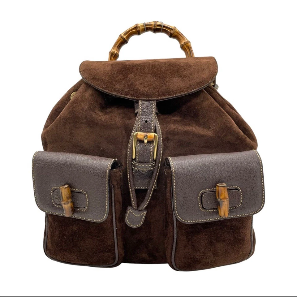 Mochila Gucci Vintage Marrón Gamuza y Cuero Bambú - Icónica Años 90 Lujo Foto 2 de 4