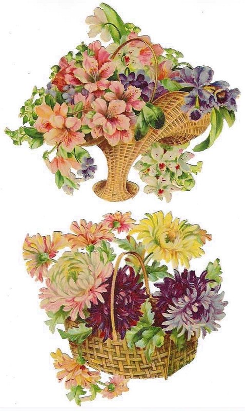 6 Large Victorian Die-Cuts Of Roses And Flowers In Baskets, Vases, And A Boat