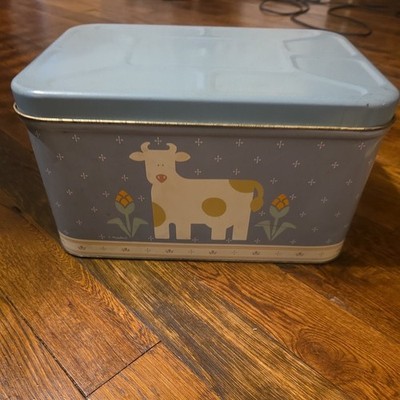 Vintage Country Farmhouse Kitchen Tin Bread Box Light Blue Cow