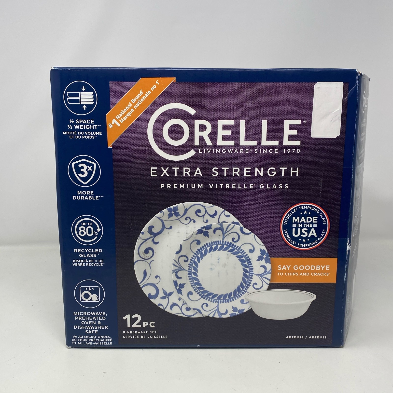 Corelle Artemis 12-pc Vitrelle Glass Dinnerware Set, White/B