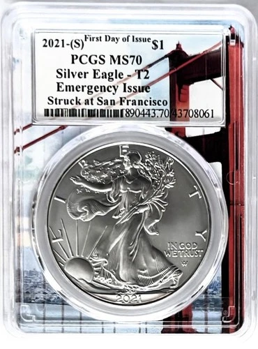 2021(S) SILVER EAGLE T2 SAN FRANCISCO MINT FIRST DAY OF ISSUE PCGS MS70 BRIDGE