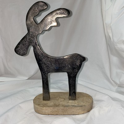 Silver Metal Standing Deer Figure figurine mounted on wood 10'' x 7.5'' x 2.75''