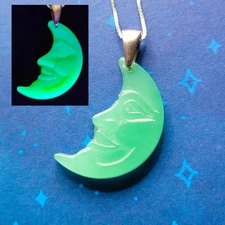 Sterling Uranium Glass Necklace Green Crescent Moon Face Vintage Czech 925