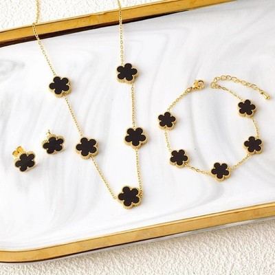 Clover Jewellery Set Gold Necklace Earrings Bracelet Women Gift Black White
