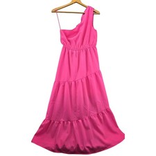 143 Story by Lineup Hot Pink Midi One Shoulder Tiered Lined Dress Sz Small S