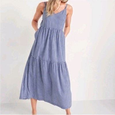 Old Navy Blue White Gingham Midi Dress Womens Medium Cotton Rayon Tiered Strappy
