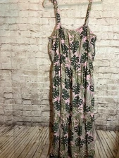 Monstera Printed Maxi Dress Womens XL Pink & Green Tiered Boho Tropical Flowy