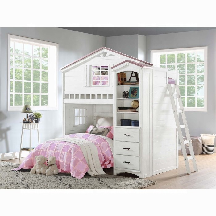 ACME Treehouse Twin Loft Bed With Bookshelf In Pink & White New In Box