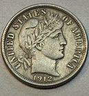 1912-S Barber Dime, condition is extra fine with full Liberty on cap.
