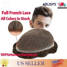 Full SWISS LACE Basement Wig Human Hair Replacement SystemMens Toupee Hairpiece