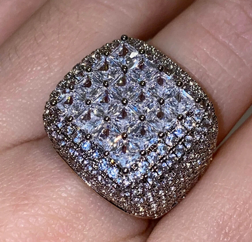 2.90Ct Princess Real Moissanite Cluster Men's Ring 14K White Gold Plated Silver