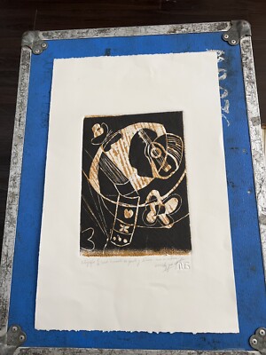Artist Proof Wood Block Print on Paper 2 Color Music, Guitar Signed and Dated