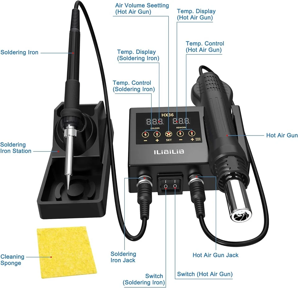 Kit de estação de solda ILibILib 600W kit de ferro de solda digital retrabalho de pistola de ar quente - Imagem 2 de 4