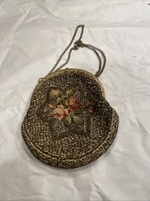 Antique Needlepoint Evening Bag Floral Brass Tone Hardware