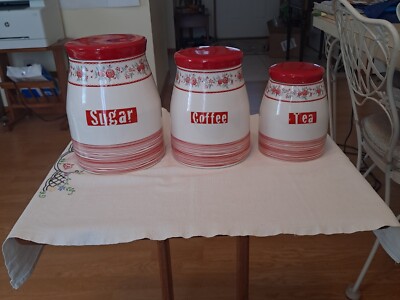 Red Roses Canister Set:  Sugar, Coffee, Tea & Silicone Gaskets 