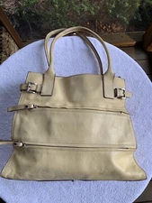 VTG Day-Timer Leather Handbag Tote Parchment Yellow Distressed Double Handle Zip