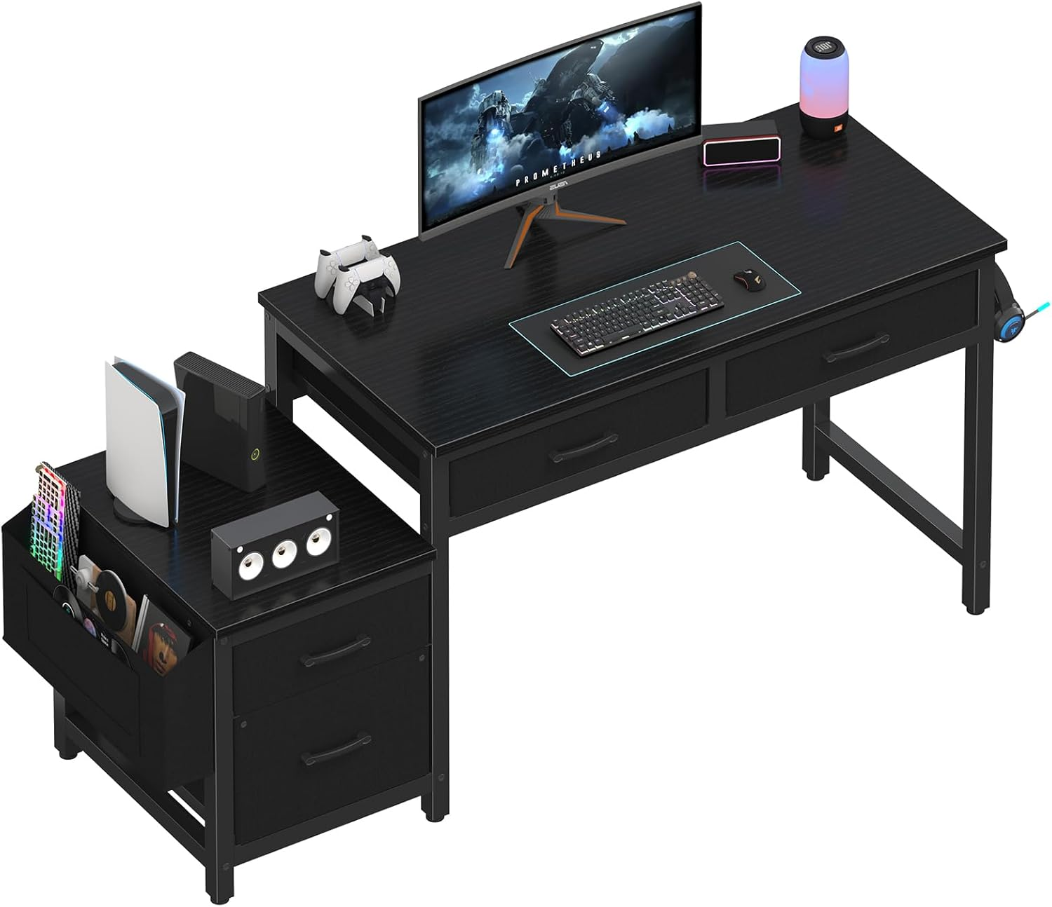 Gaming Desk with Fabric File Drawers Cabinet, 57 Inch Home Office Desks with Rev