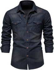 Men's Casual Long Sleeve Button Down Denim Shirt Distressed Trucker Work Shirt