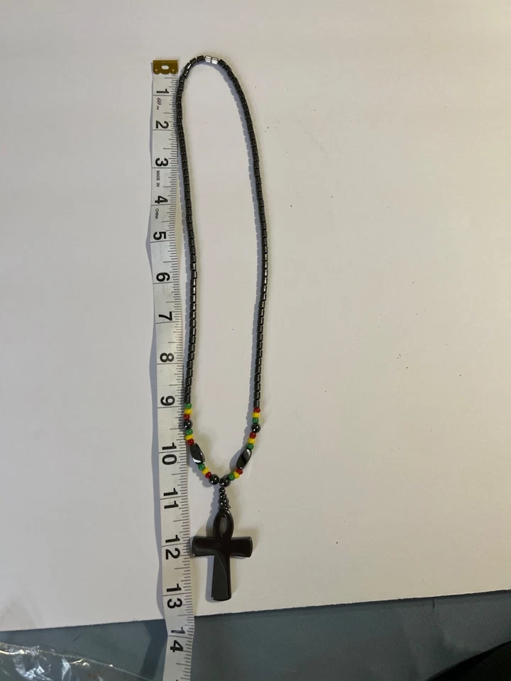 Crioss Black Beaded Necklace With Ankh Pendant & Rasta-Inspired Beads Boho - Image 4 of 4