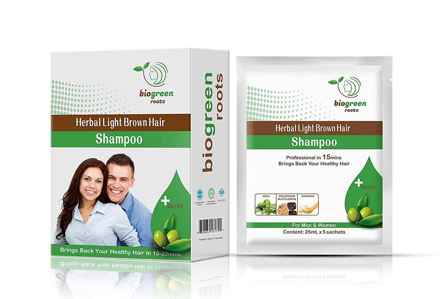 BioGreen Roots Herbal Natural Light Brown Hair Color Shampoo Cover Dye Gray Fast