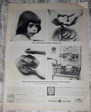 1965 General Electric Vintage Print Ad Dishwasher Little Girl Apple Pie Mom B&W