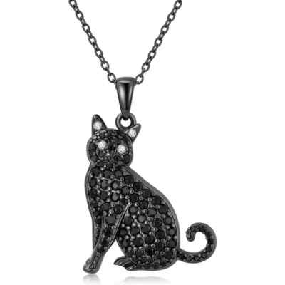 #ad Black Bombay Cat Kitten Pendant Necklace Rhinestones Black Cat Lover Gift $13.39