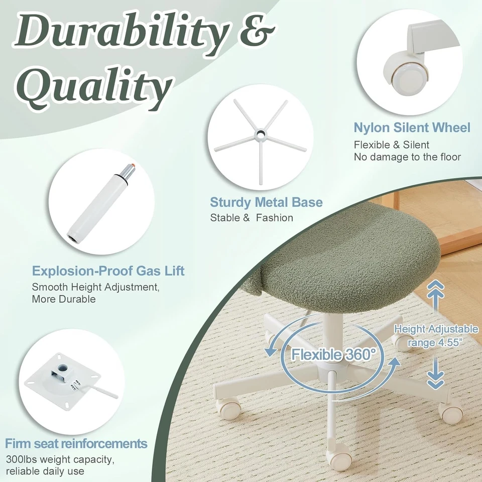 Light Green Velvet Vanity Chair with Back – Small Swivel Office Makeup Seat - Image 3 of 4