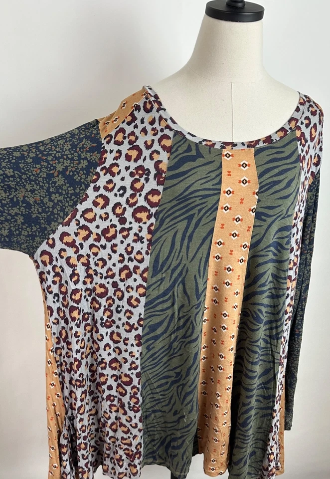 LOGO Lori Goldstein Shirt Womens 3X Plus Size Patchwork Animal Print Bohemian - Image 3 of 4
