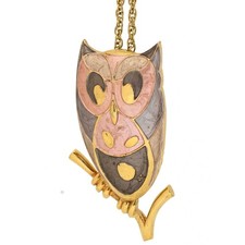 1980s Vintage Pendant Necklace Owl Gold Tone Pink Beige Enamel