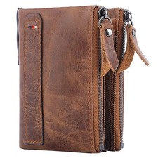 Men Genuine Cow Leather Wallet Short Zip Hasp Card Holder Vintage Purse