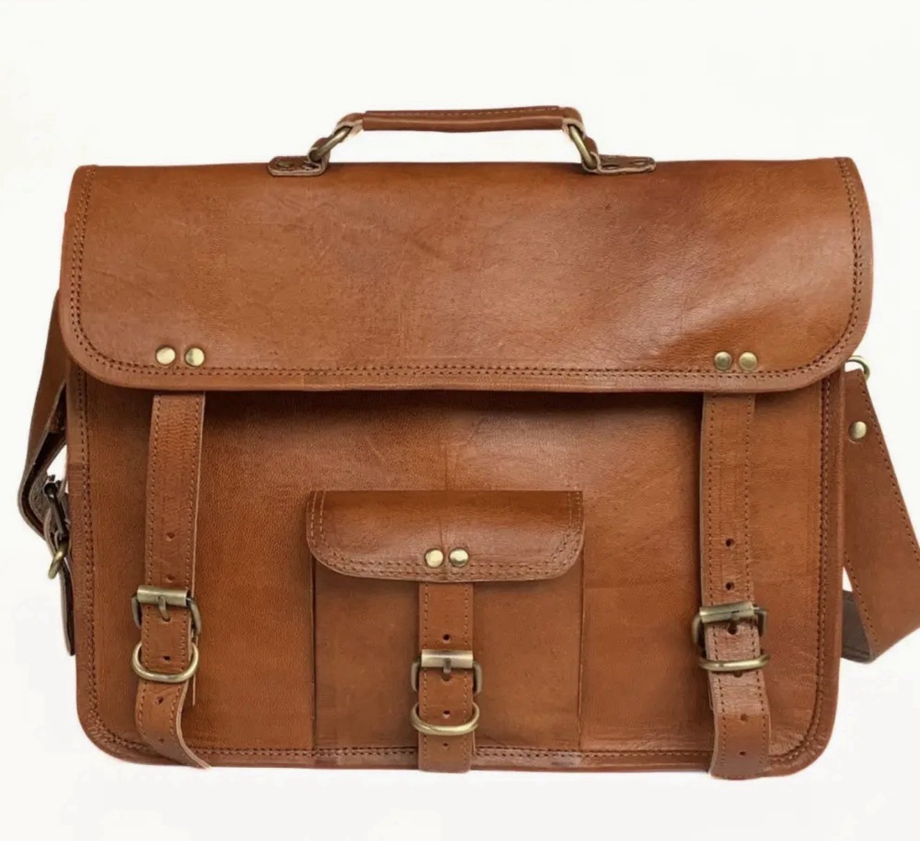 Handmade Leather Messenger Bag Tan Medium Adjustable Strap Multiple Pockets
