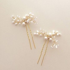 2 PCS Gold Bride Wedding Pearl Hair Pins Bridal Accessories Piece Women