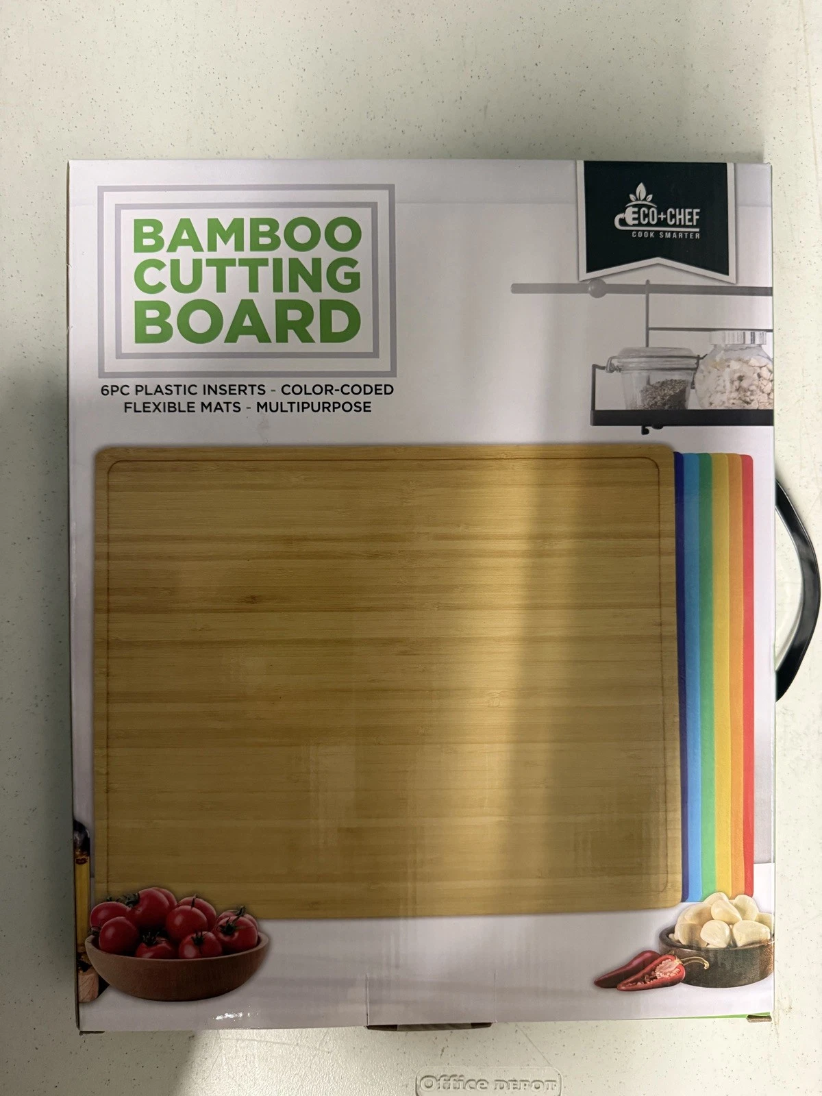 Bamboo Cutting Board Set W/ 6 Pc Color Coded Flexible Mats Non Slip Design New