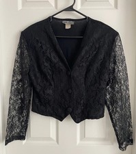 Vintage Black Lace Sleeve Crop Jacket Bolero Blazer USA Shoulder Pads Medium