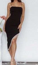 Party Black Asymmetrical Dress Size S, Silver Fringe Trim Accent In The Hem